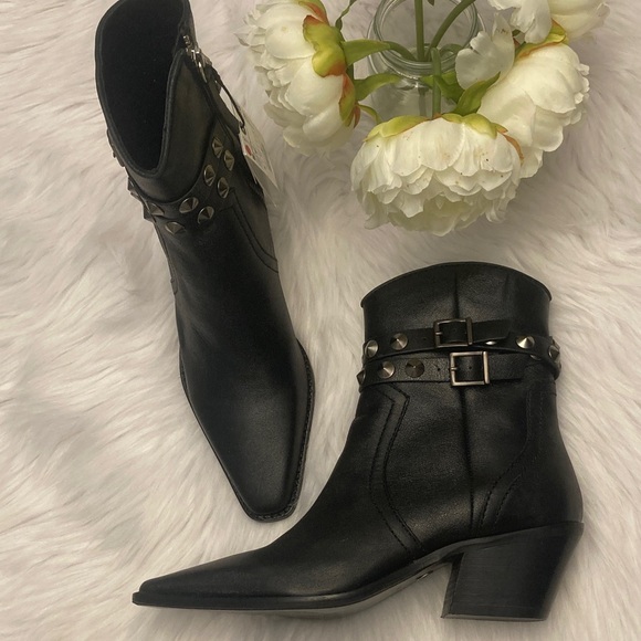 Zara Black Leather Ankle Boots with Studded Straps Size 8 - Picture 6 of 9